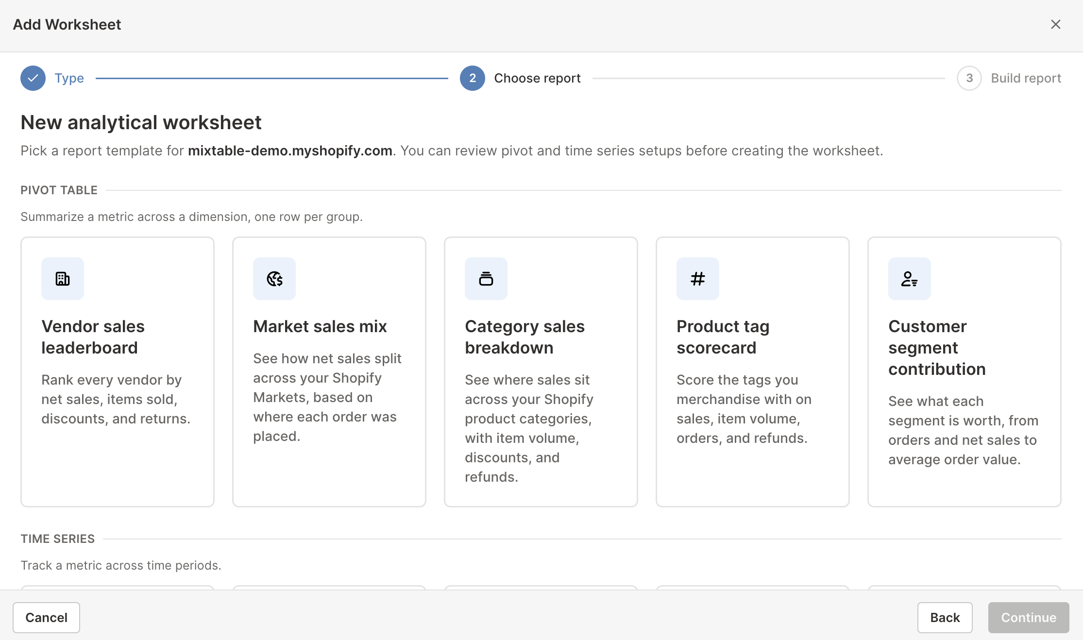 The Mixtable report library showing ready-made Shopify analytics reports