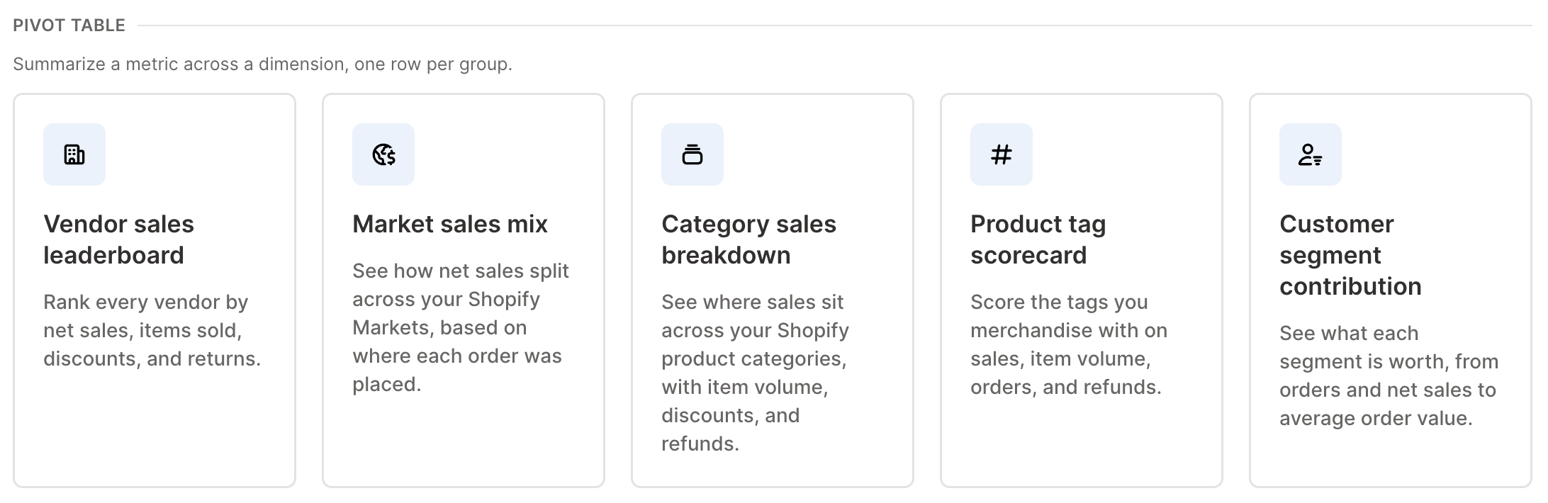 Ready-made Shopify Pivot Table reports for vendors, markets, categories, tags, and customer segments