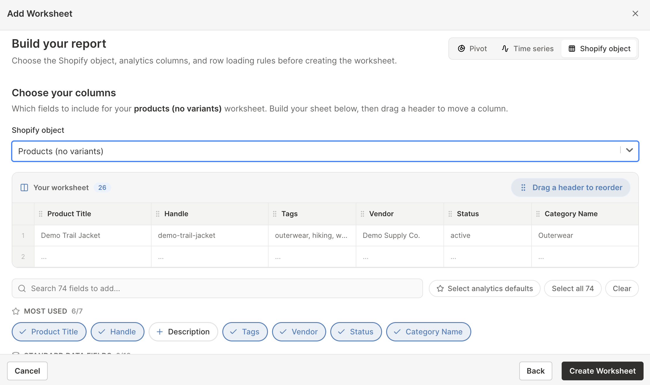 Choosing a Shopify object and its analytics columns in the Mixtable report builder