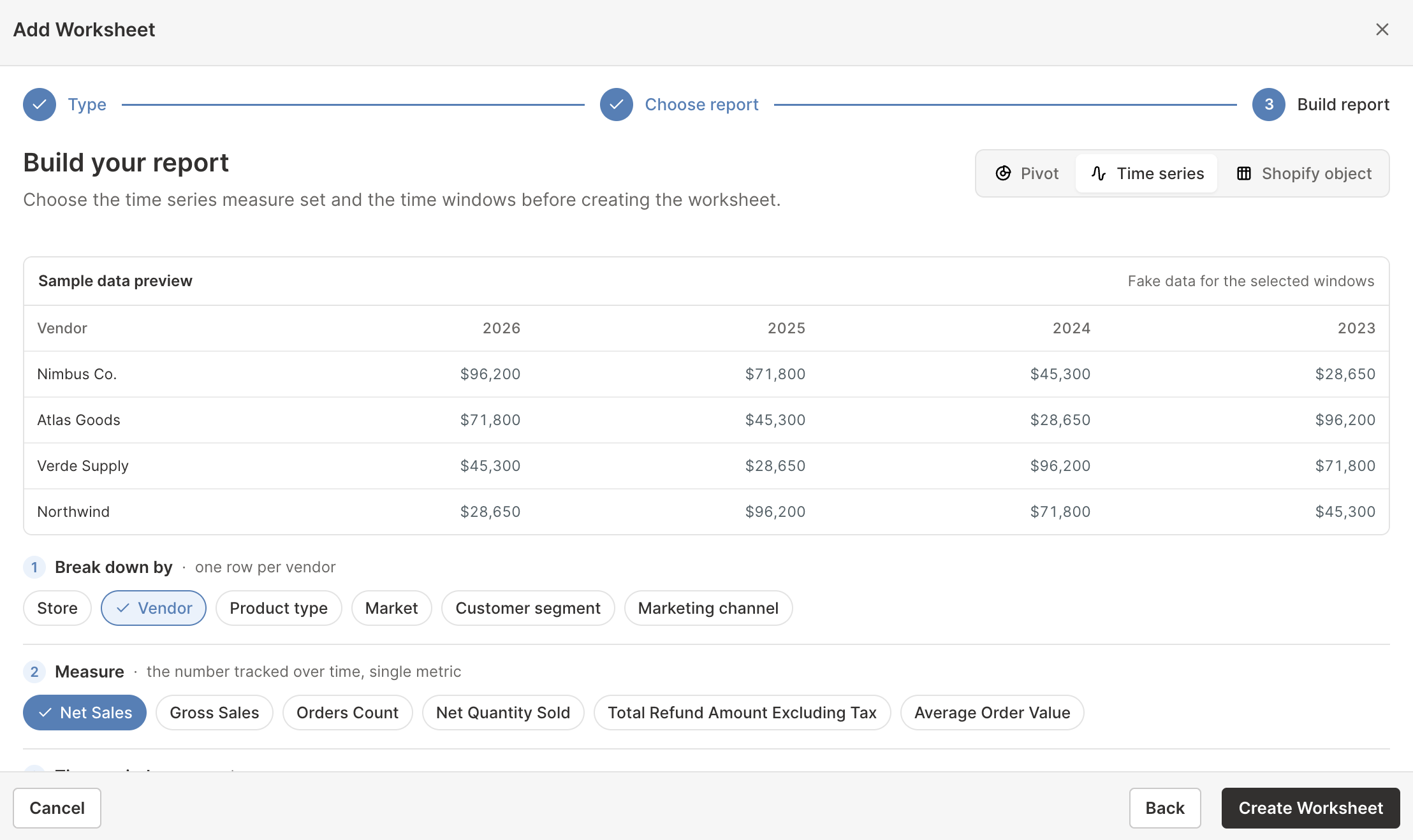 Shopify Time Series report builder with net sales by vendor across recent years