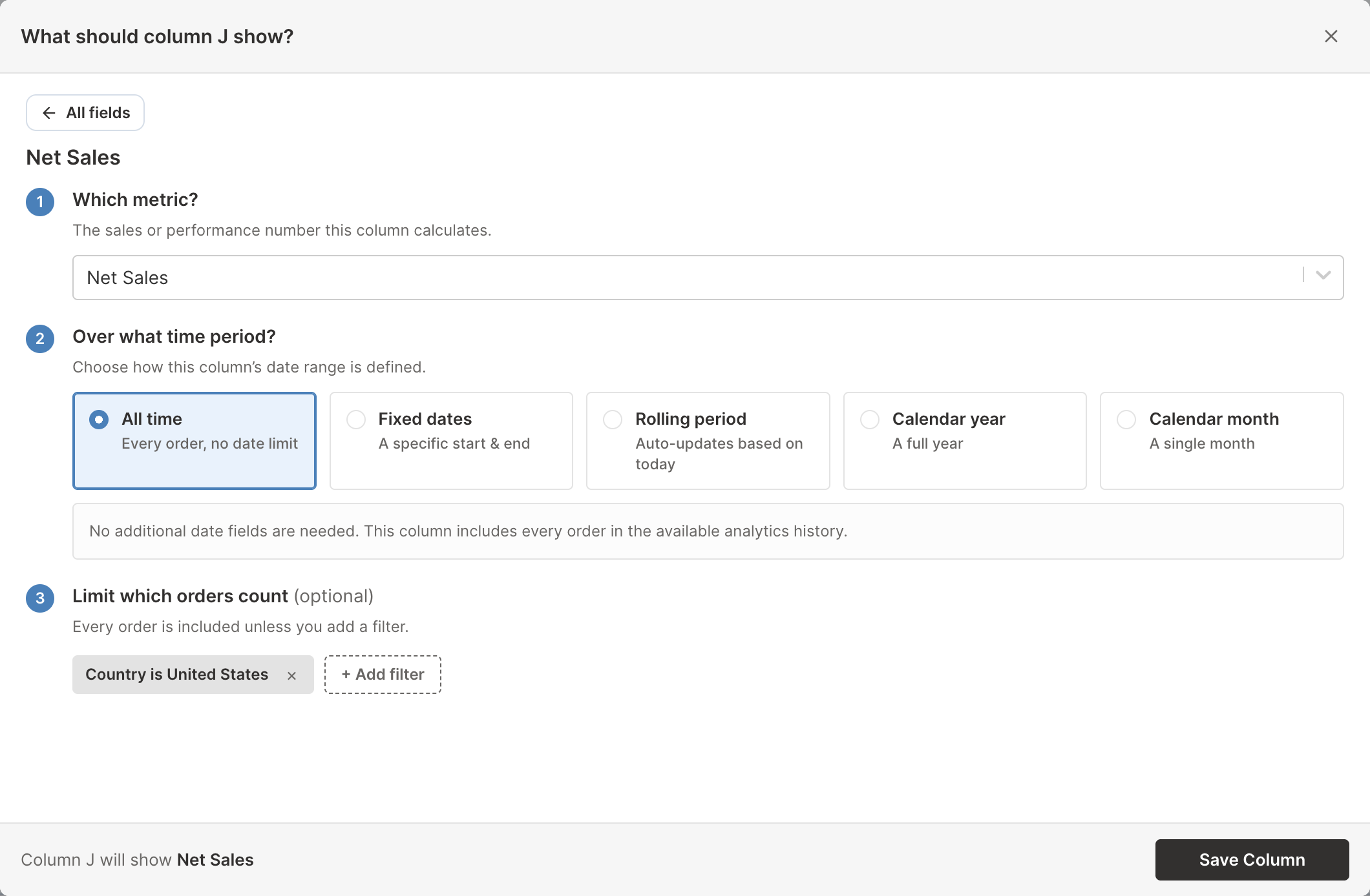 Net Sales analytics column settings in Mixtable filtered to Shopify orders from customers in the United States