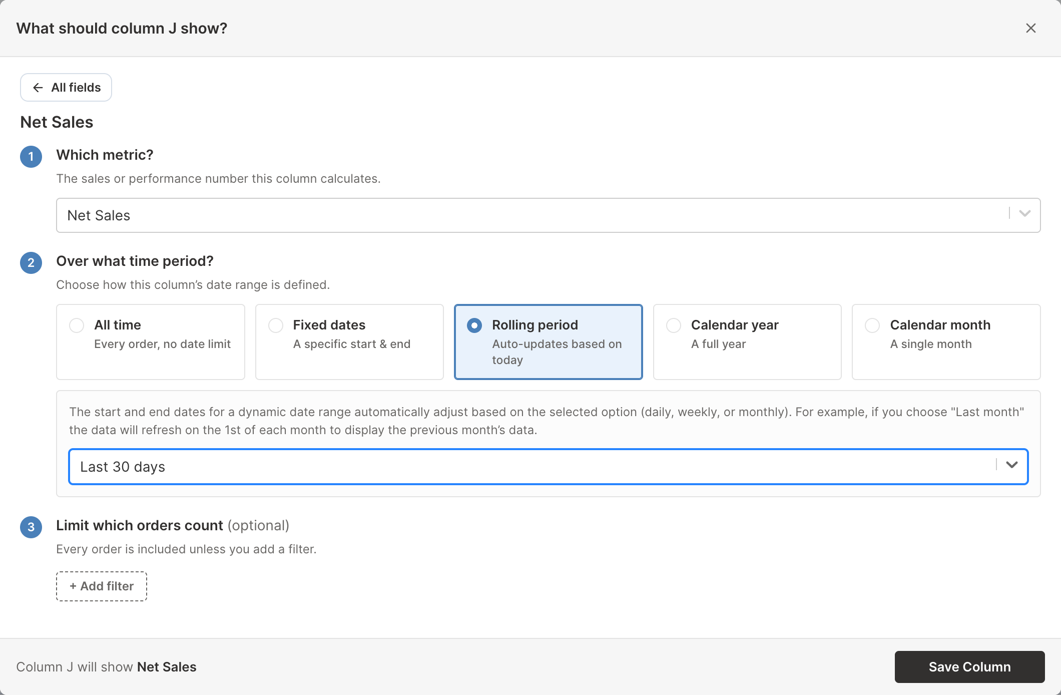 Net Sales analytics column settings in Mixtable with a rolling period of the last 30 days