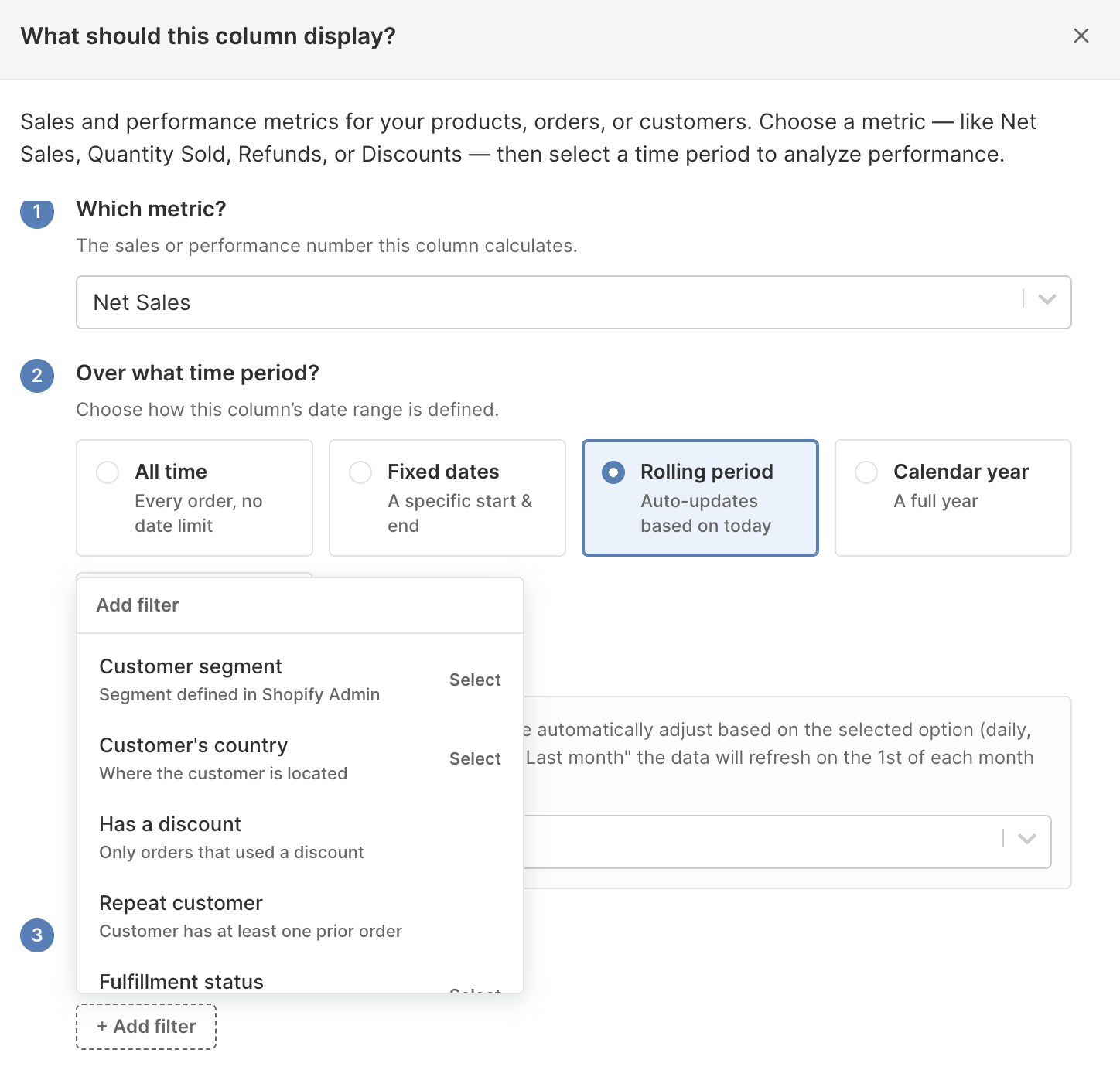 The Shopify analytics filter menu open on an analytics column in Mixtable