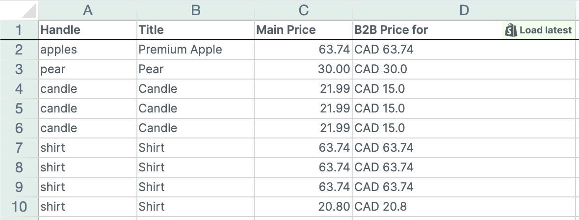 Shopify B2B prices in spreadsheet column
