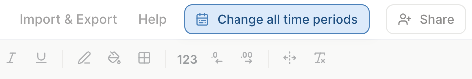 The Change all time periods button next to Share at the top right of a Mixtable spreadsheet with Shopify analytics columns