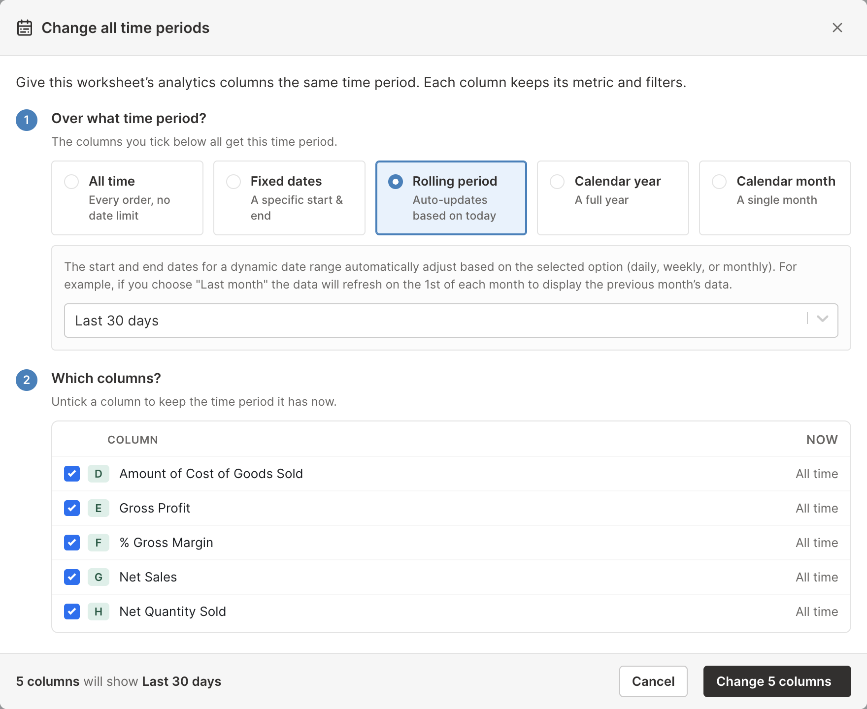 Mixtable's Change all time periods dialog with a Last 30 days rolling period and the list of Shopify analytics columns to change