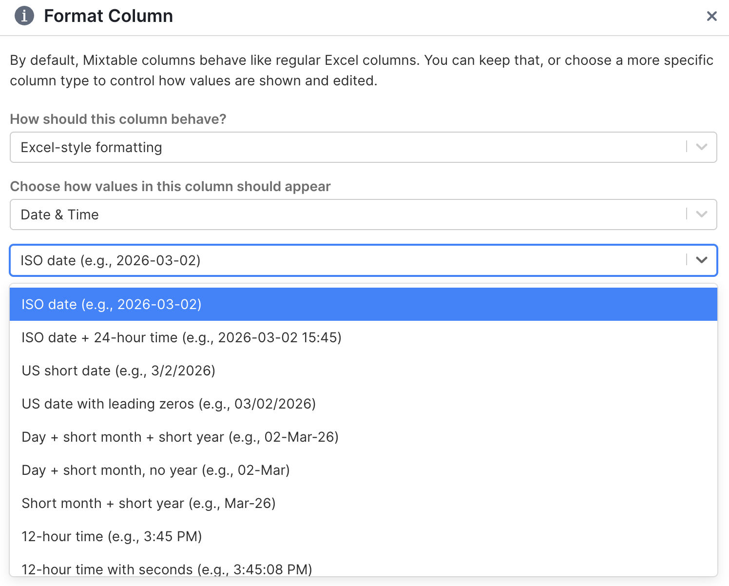 Date and time format options in Mixtable Format Column