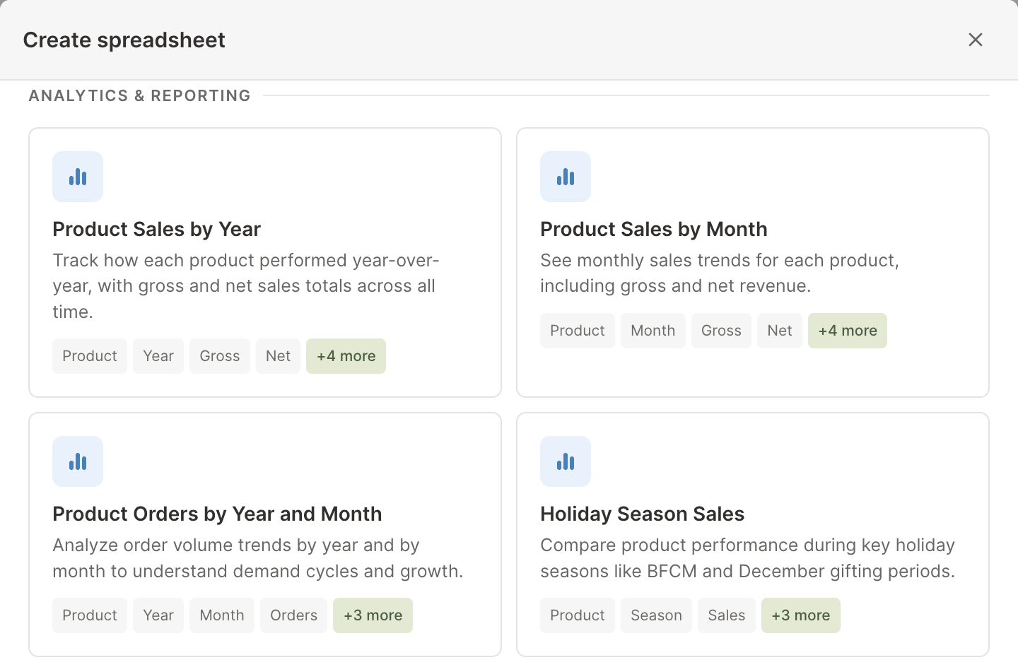 The Analytics & Reporting templates in Mixtable's Create spreadsheet window, including Product Sales by Year, Product Sales by Month, and Holiday Season Sales for Shopify stores