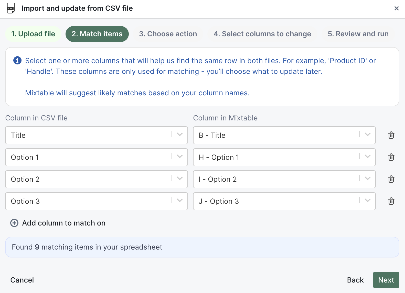 CSV importer step 2: match items