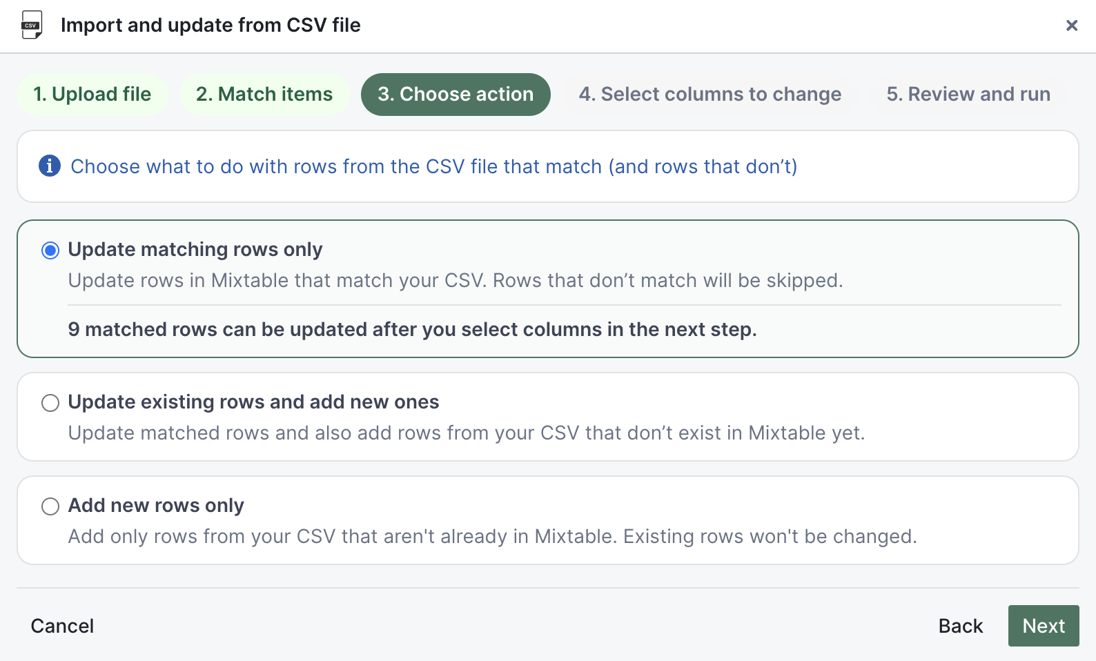 CSV importer step 3: choose action