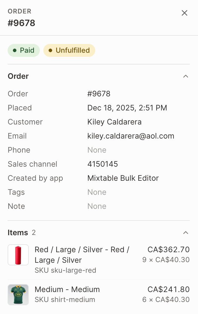 The Mixtable Details panel for a Shopify order, with Paid and Unfulfilled badges, the order's details, and its items