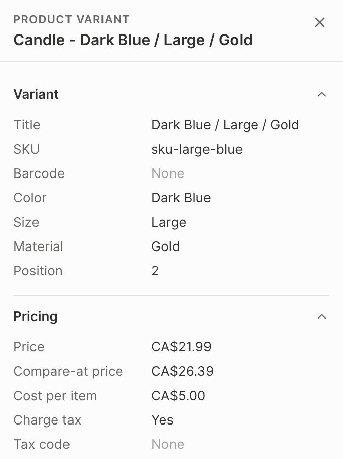 The Mixtable Details panel for a Shopify product variant, with its Variant and Pricing sections