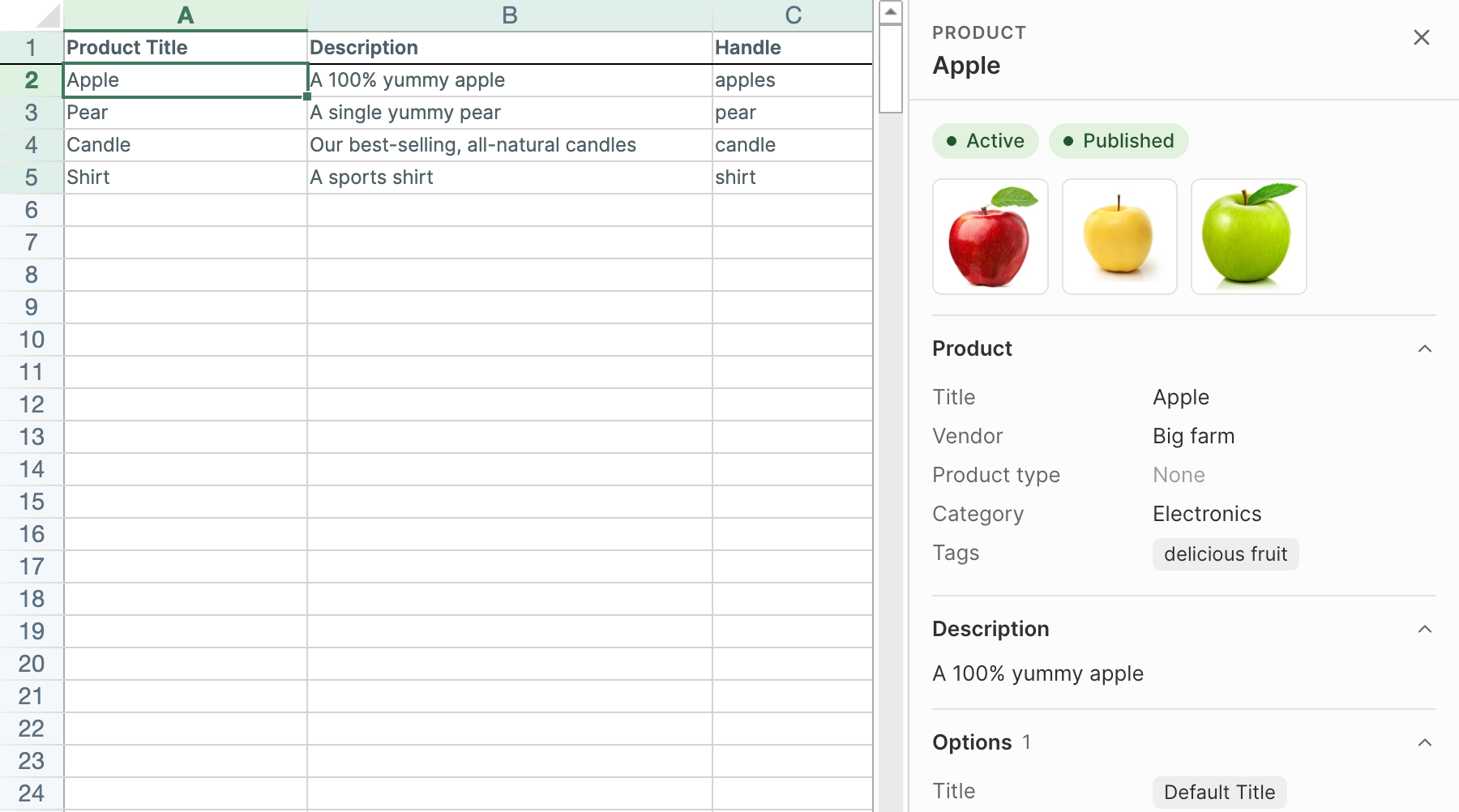 A Mixtable worksheet of Shopify products with the Details panel open on the right, showing the selected product's status badges, images, and product fields