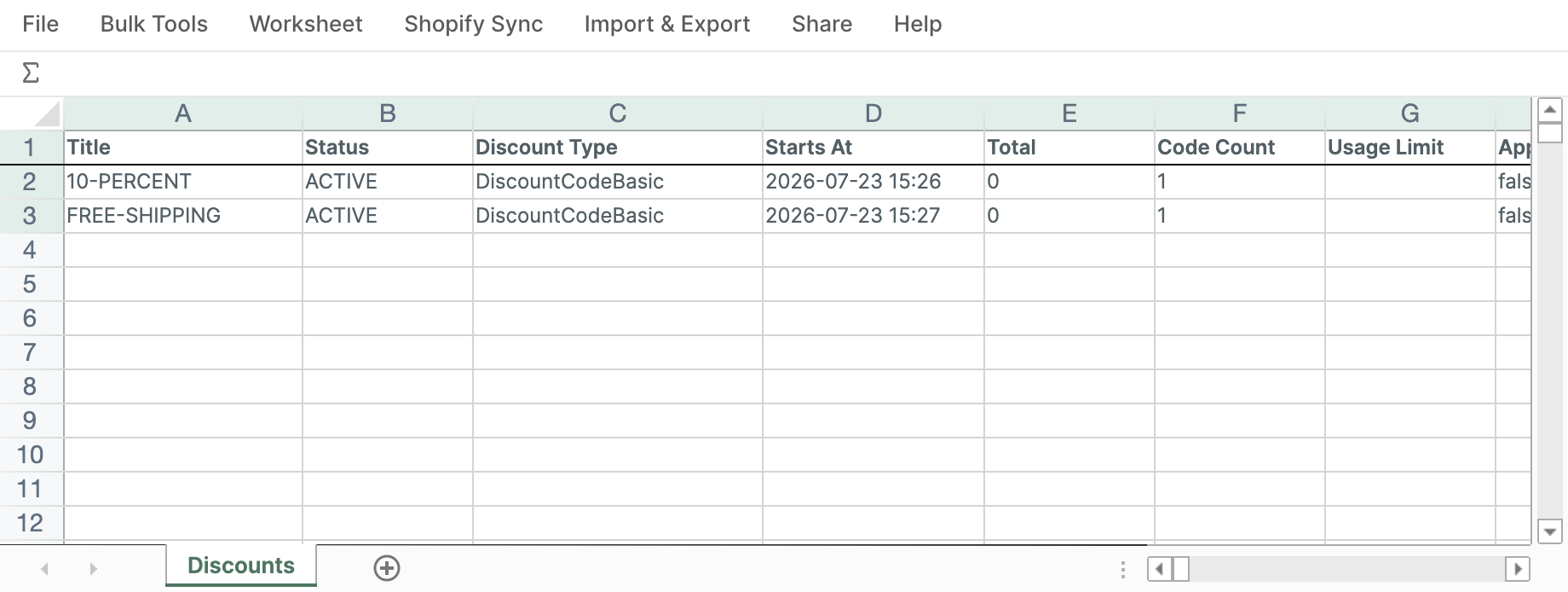 Discounts worksheet in Mixtable showing Shopify discount status, type, schedule, and code count
