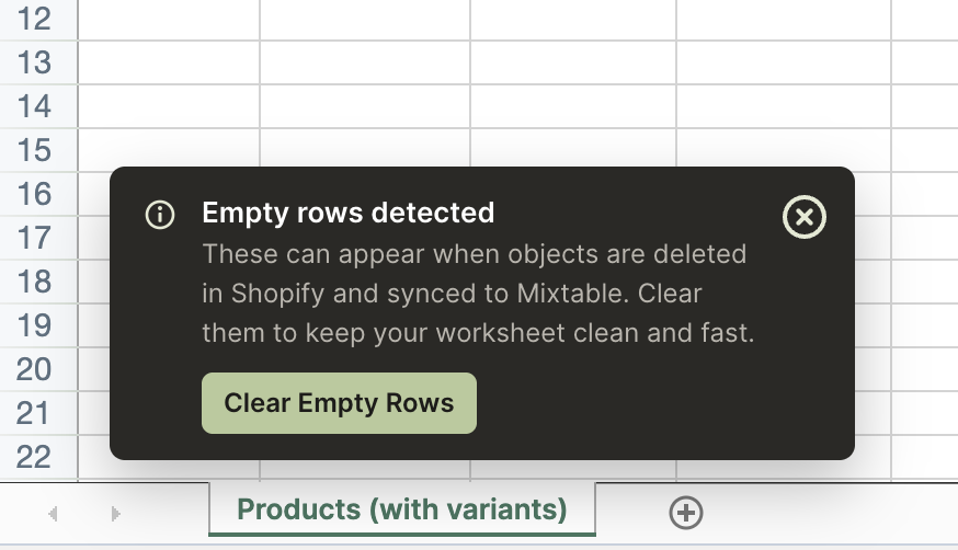 Empty rows detected notice in Mixtable with a Clear Empty Rows button