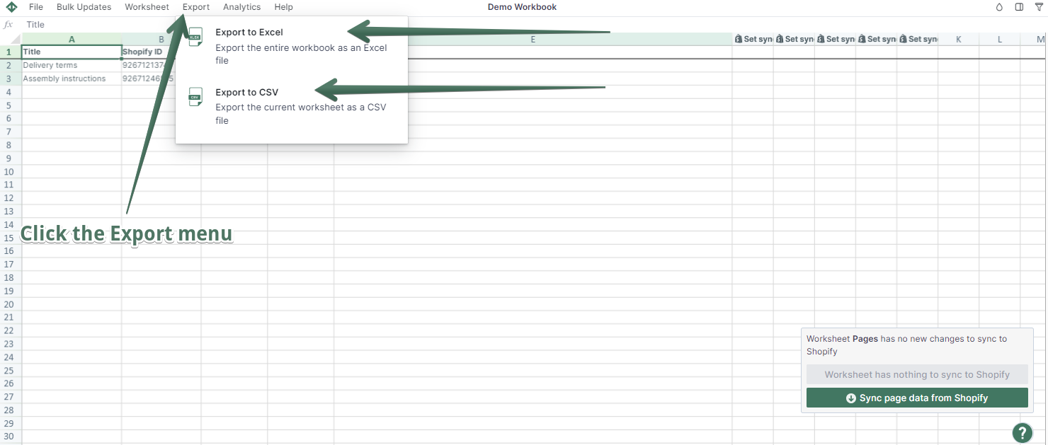 Export Shopify Pages to csv or excel file