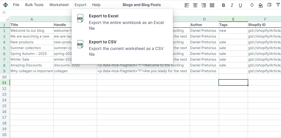 Export Shopify blog posts to Excel and CSV