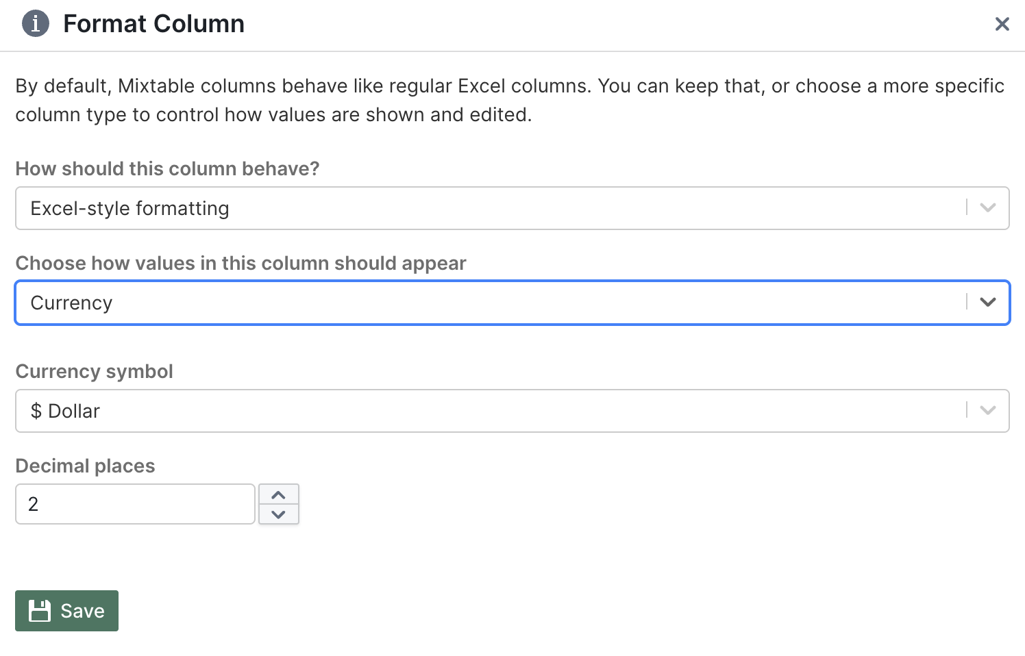 Currency formatting options in Mixtable Format Column