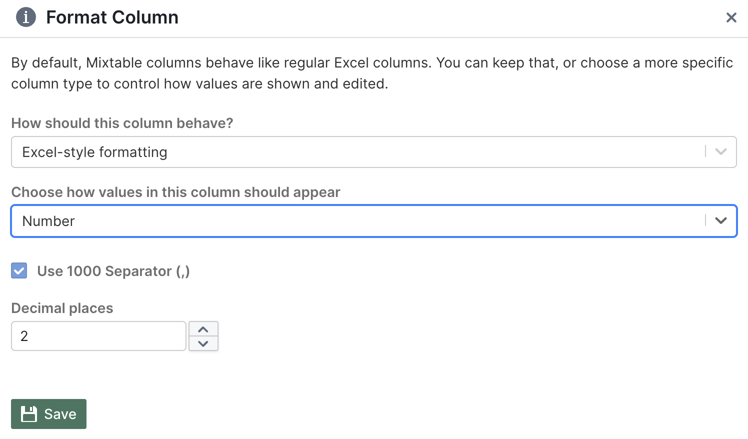 Number formatting options in Mixtable Format Column