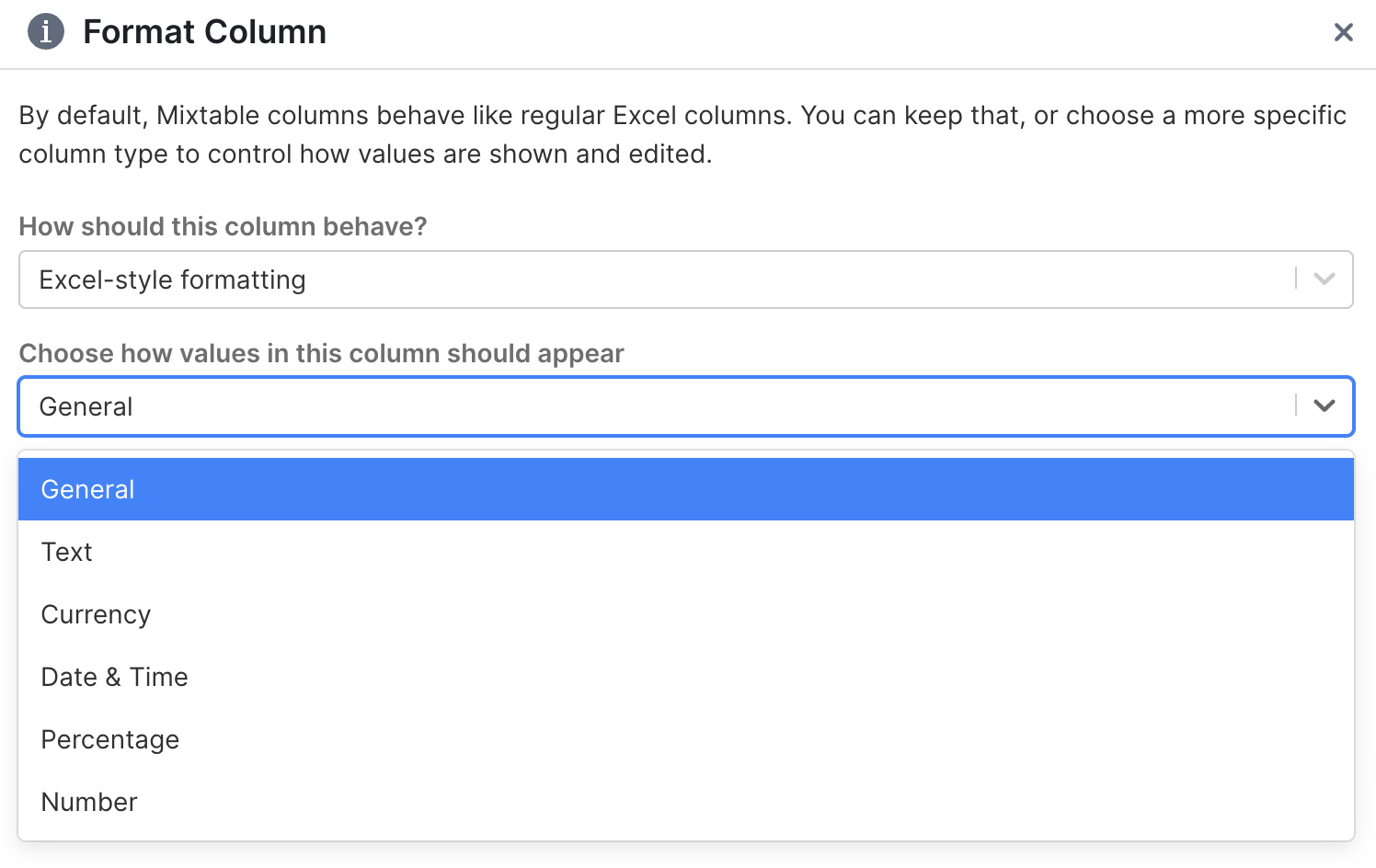 Format column options