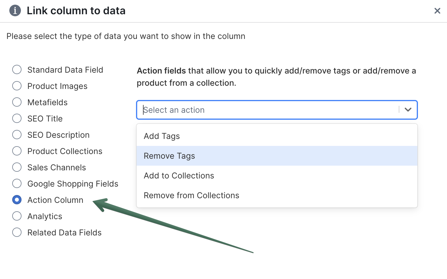 Action column for bulk editing Shopify tags and collection in an online spreadsheet