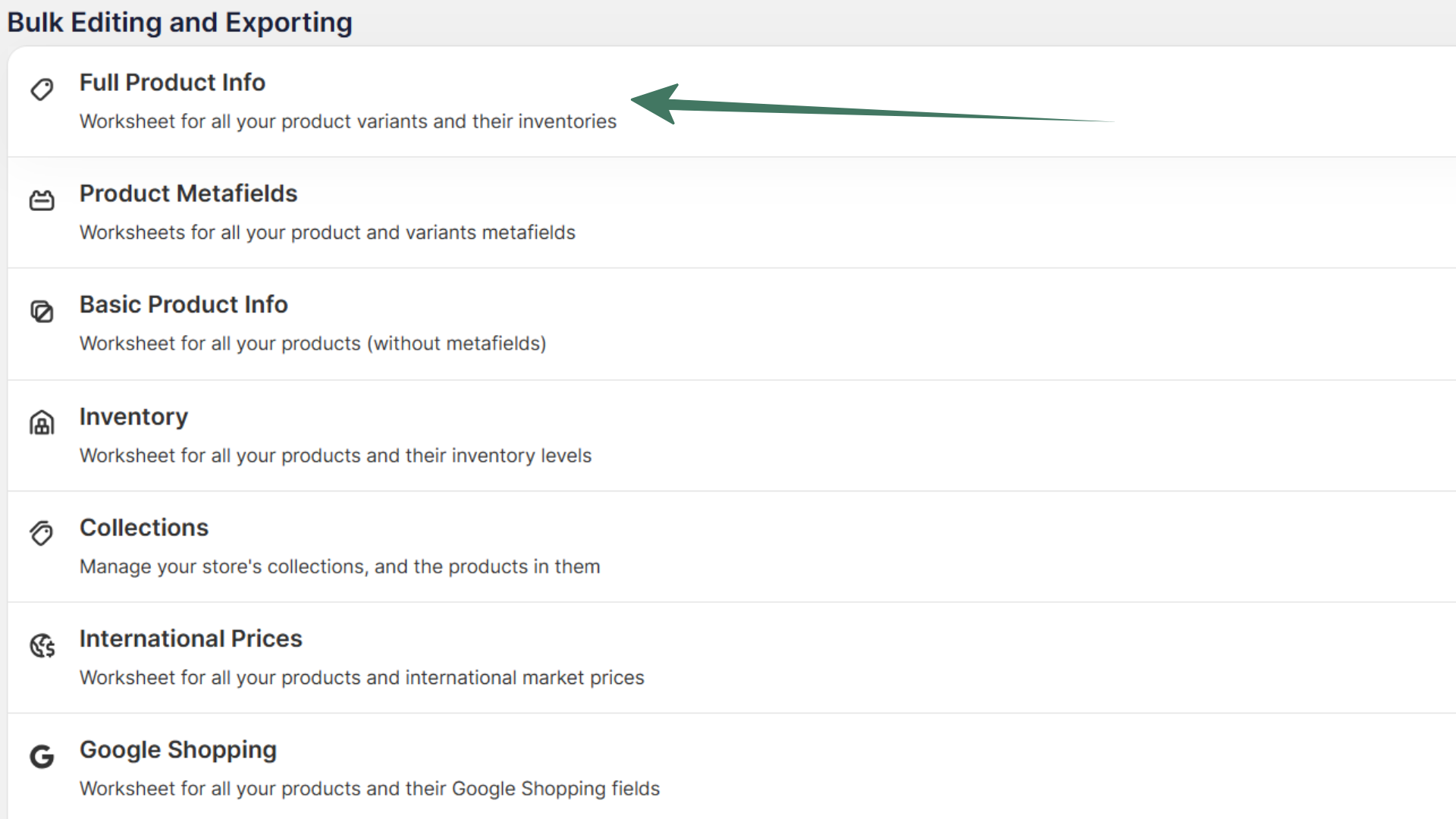 Full Product Info template - Shopify Spreadsheet App