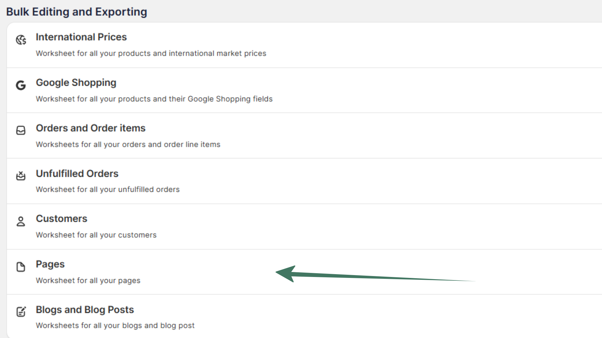 Shopify Pages in a spreadsheet