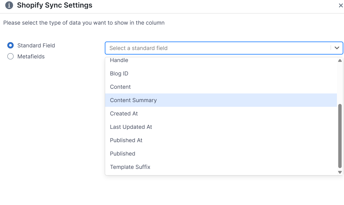 blog posts additional fields shopify spreadsheet