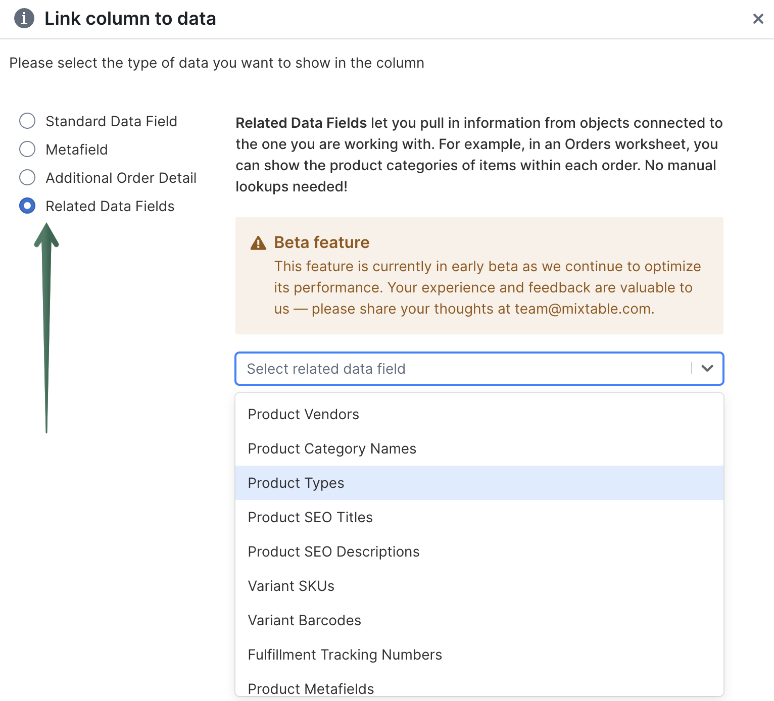 Related data fields per Order