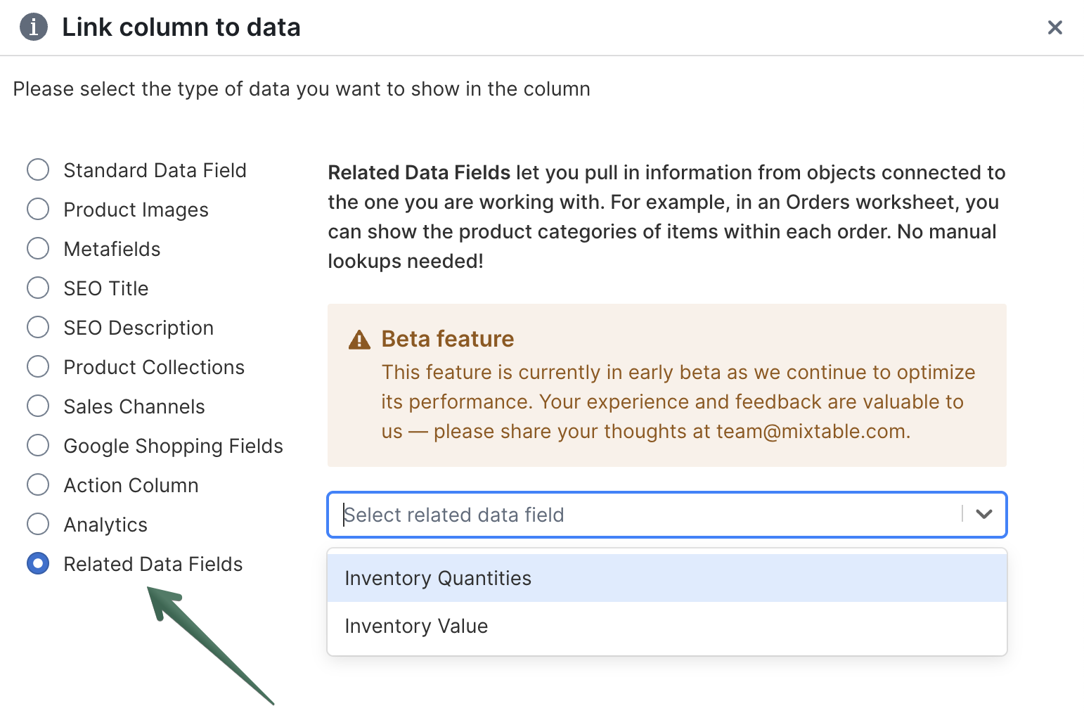Related data field per product