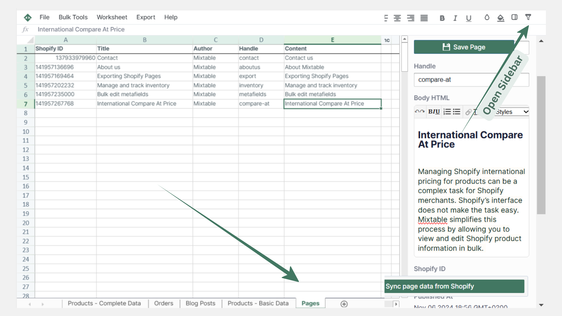 Shopify pages spreadsheet wysiwyg editor