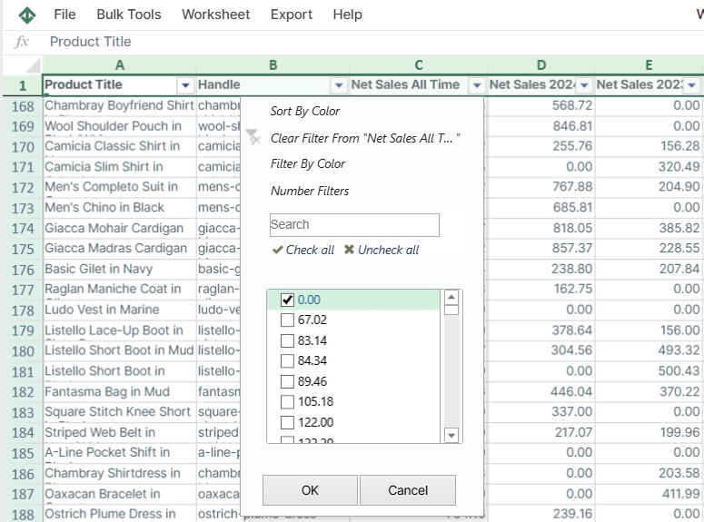 Shopify spreadsheet filtering