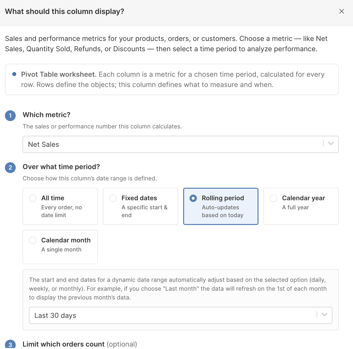 Pivot Table column settings with a Shopify Net Sales metric and a rolling timeframe
