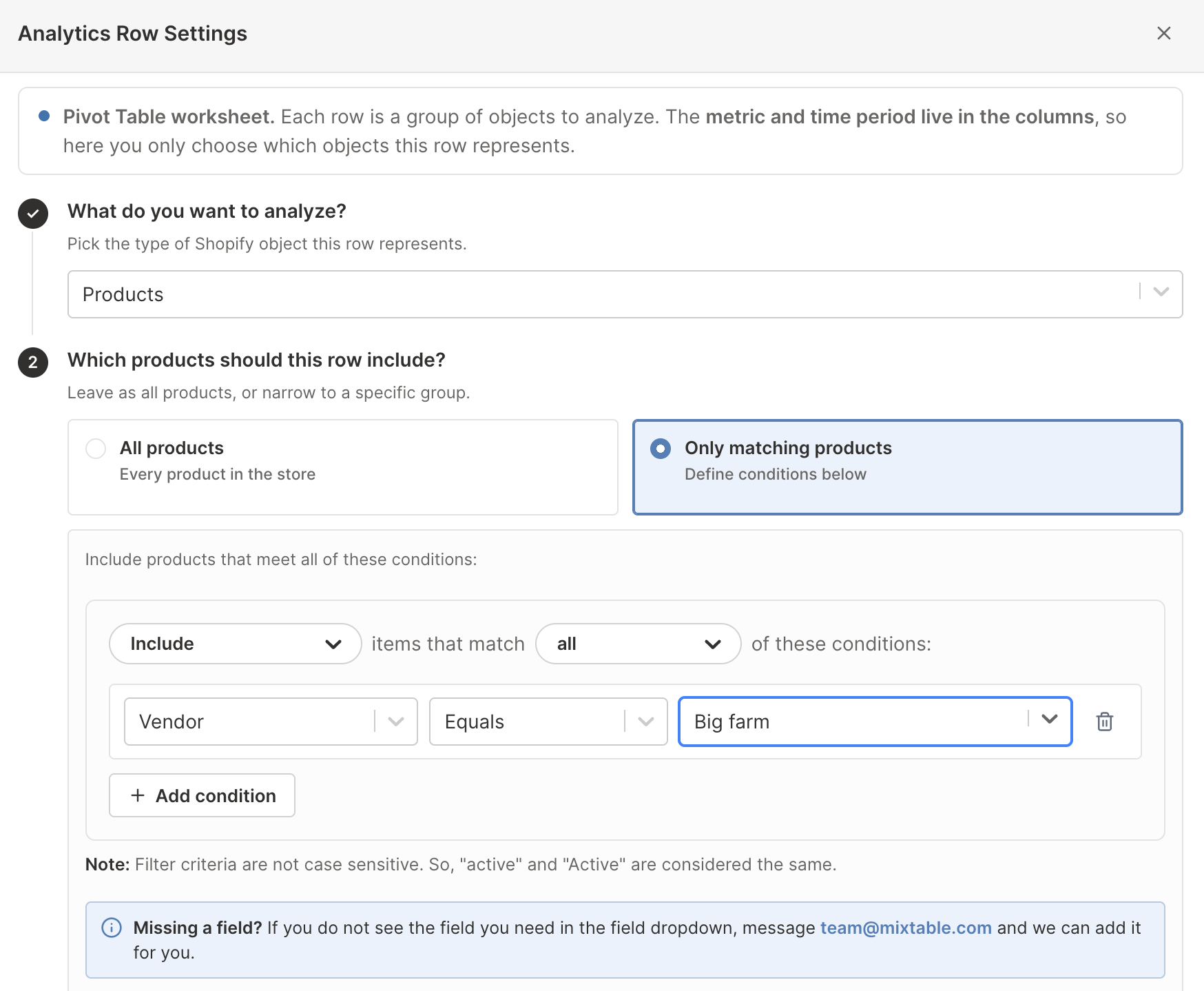 Pivot Table row settings narrowed to the Shopify products of one vendor