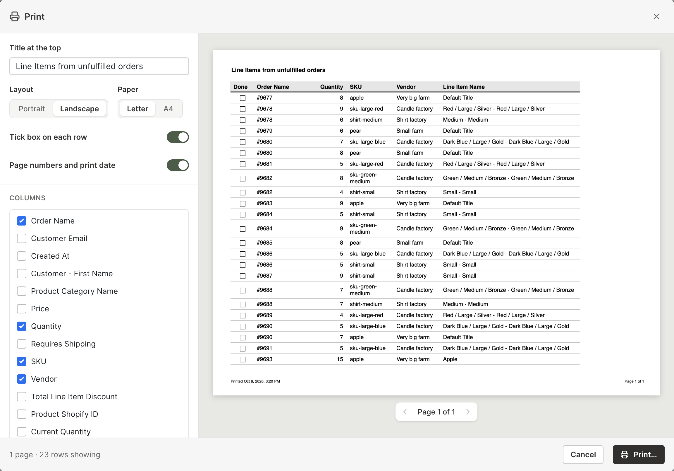 The Mixtable Print window for a worksheet of unfulfilled Shopify order line items, with the pick list columns ticked and a page preview with a Done tick box on each row