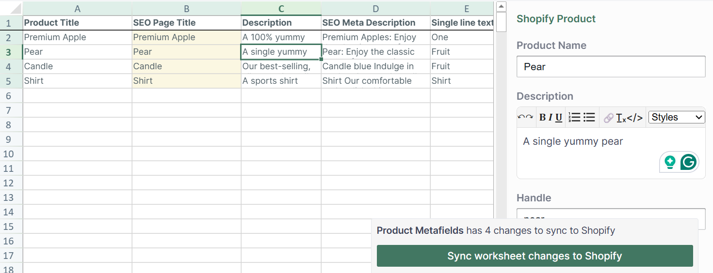 Shopify products spreadsheet wysiwyg editor