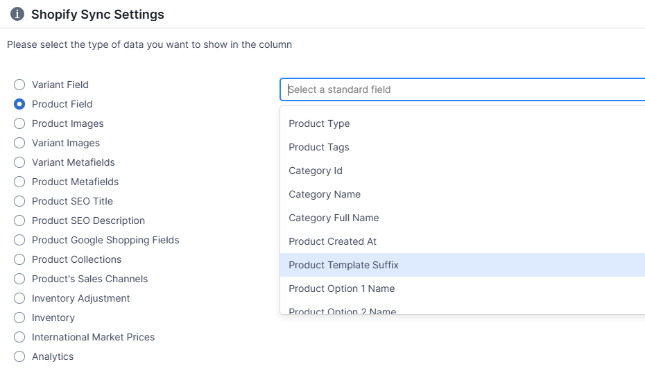 Shopify product template in spreadsheet - template suffix