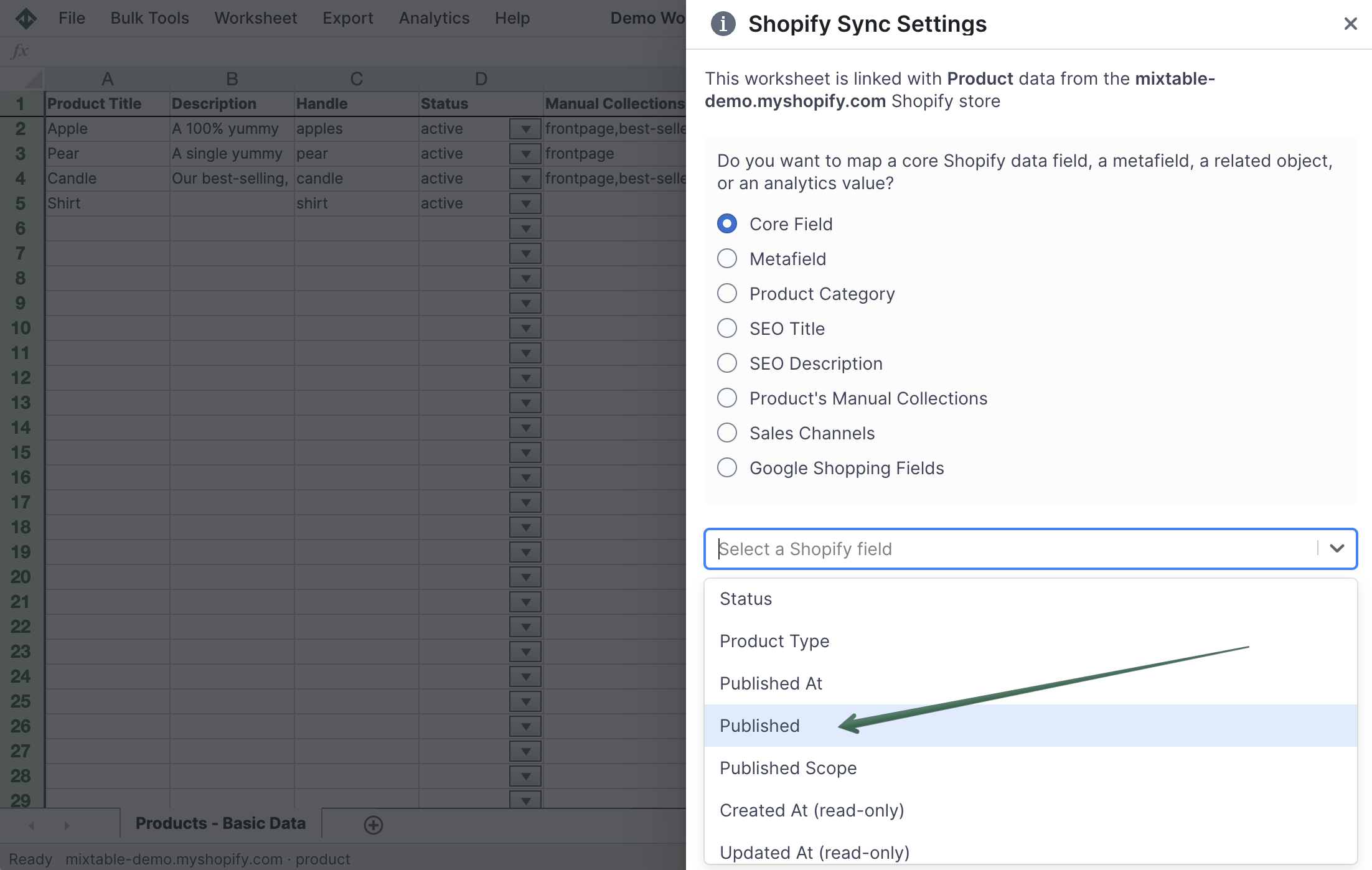 Add the Published column to the worksheet