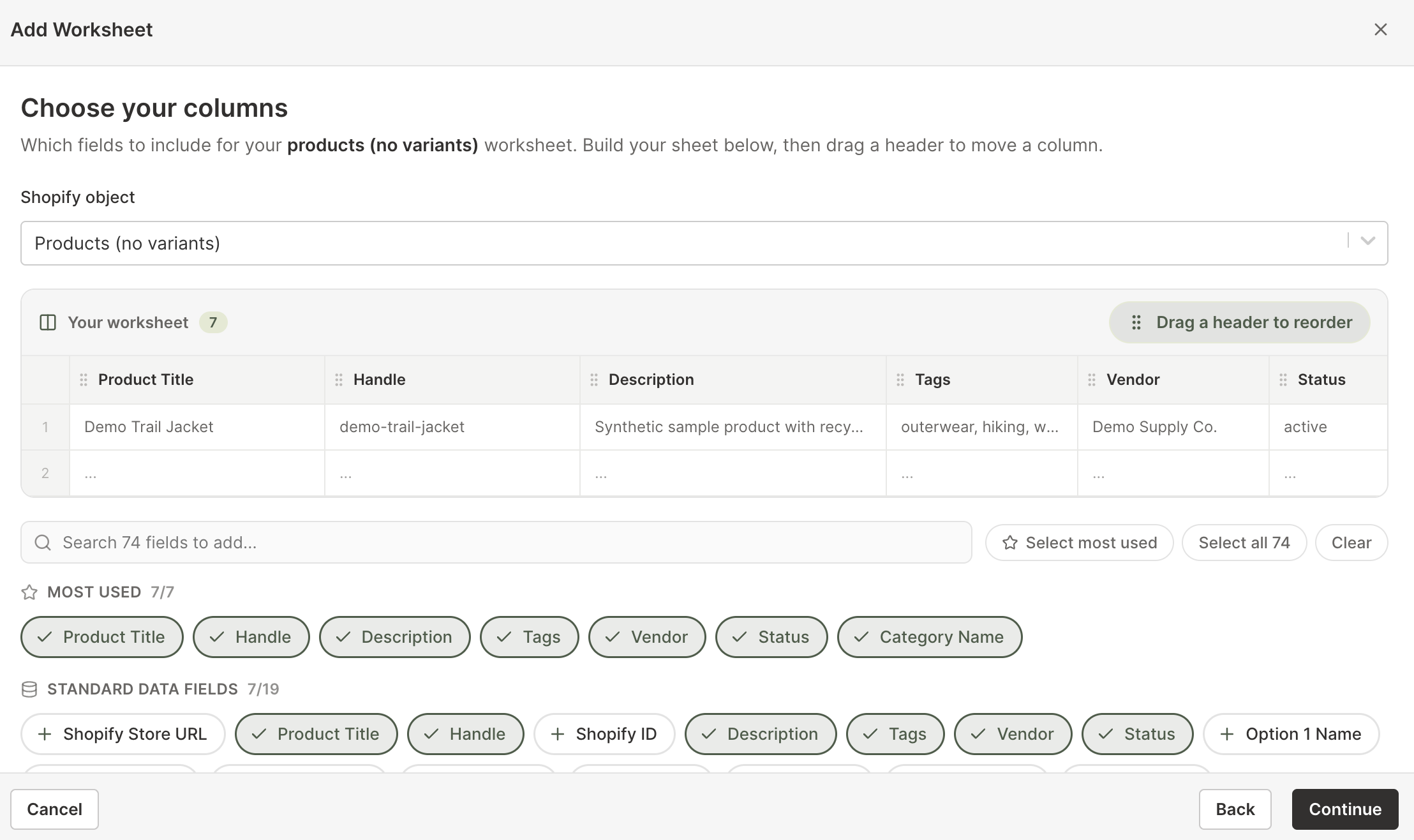 The redesigned Add Worksheet dialog in Mixtable showing the column selection step with a live worksheet preview