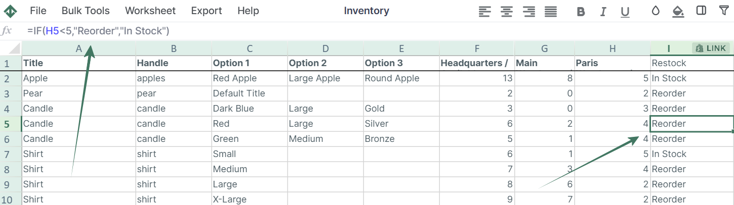 IF formula for Reorder Inventory Management
