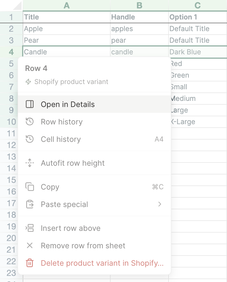 The row menu for a Shopify product variant row in a Mixtable spreadsheet, with Open in Details at the top