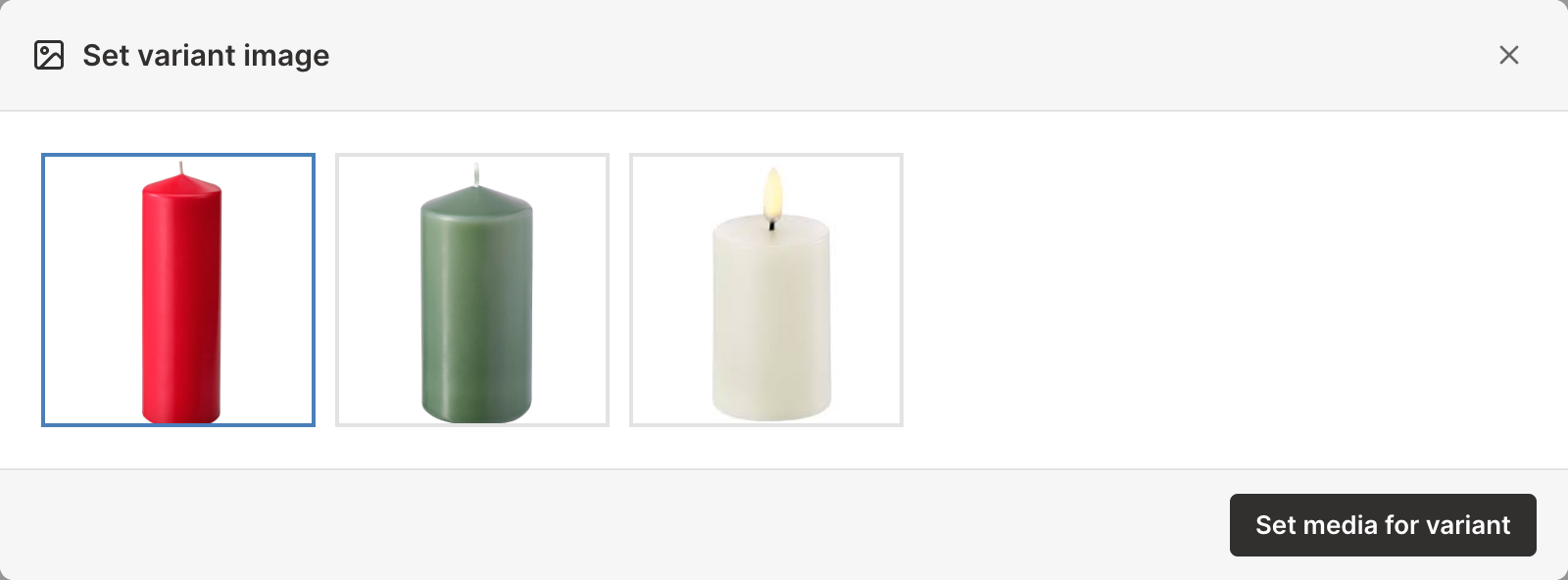 Mixtable's Set variant image window showing a Shopify product's images, with one selected and the Set media for variant button