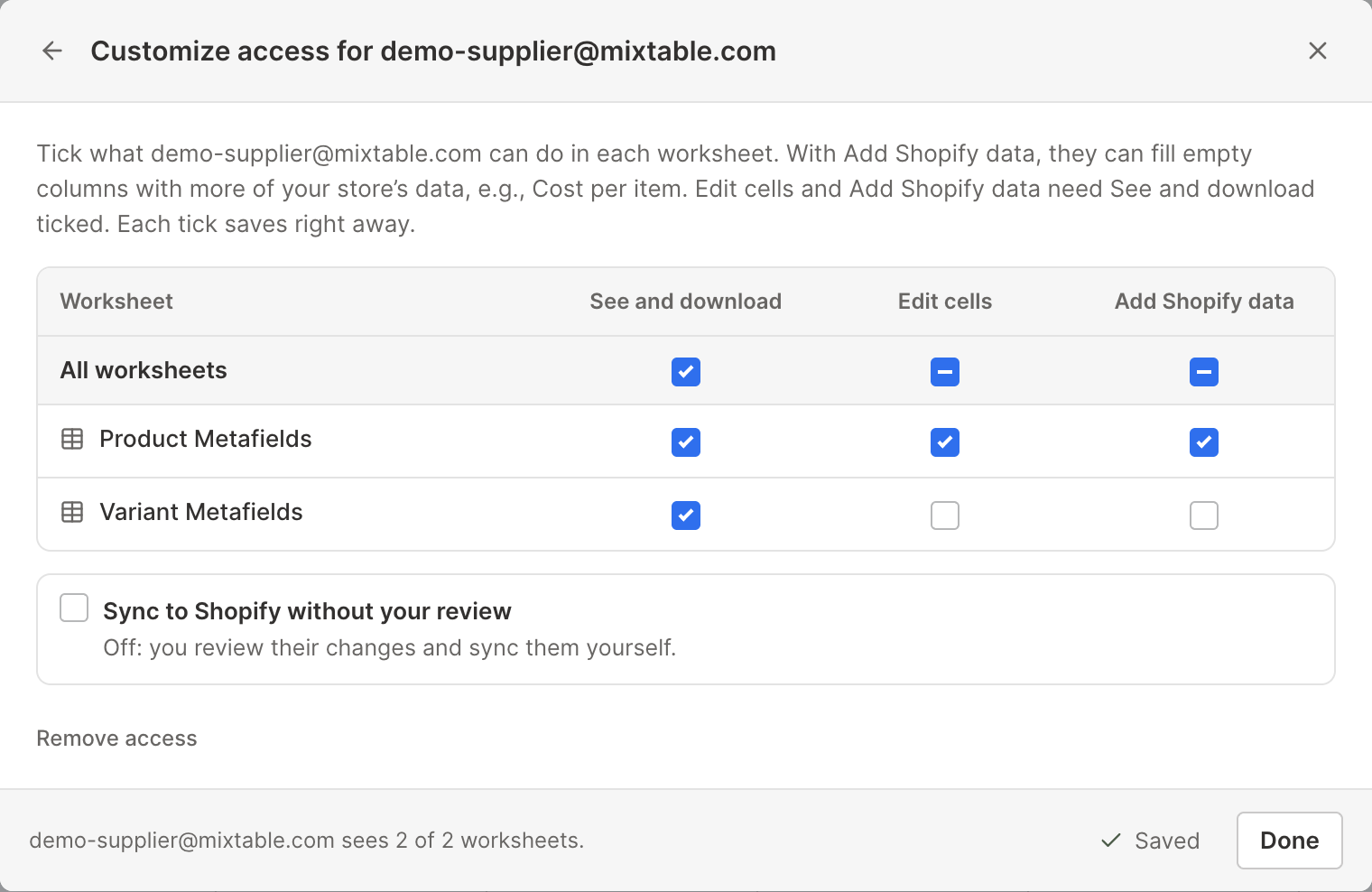 Customize access in Mixtable: a person can edit and add Shopify data on Product Metafields, and only see Variant Metafields