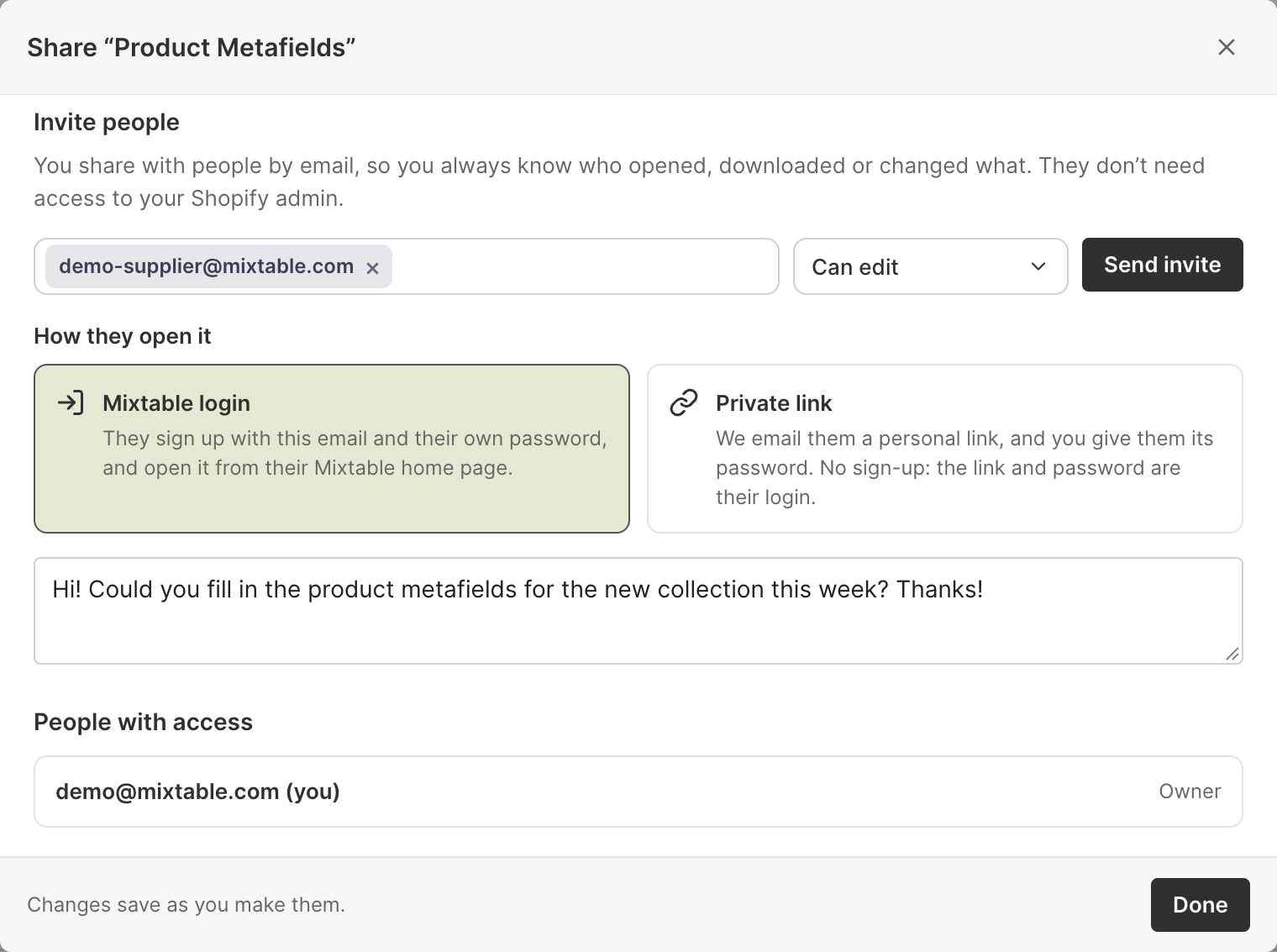 The Share window in Mixtable, inviting a supplier by email with Can edit access and a Mixtable login