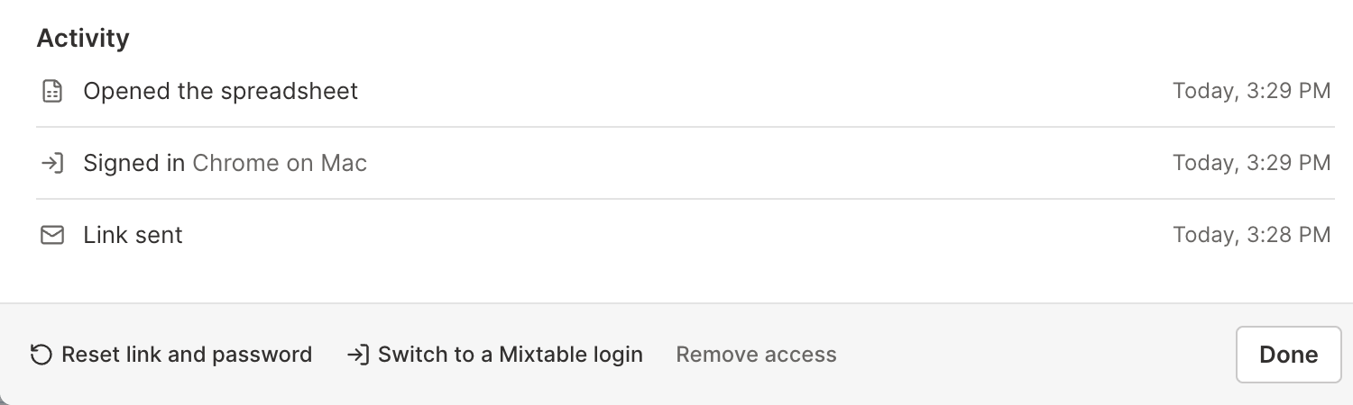 Activity for a private link in Mixtable, showing when the link was sent, signed in, and opened, with Reset link and password, Switch to a Mixtable login, and Remove access below
