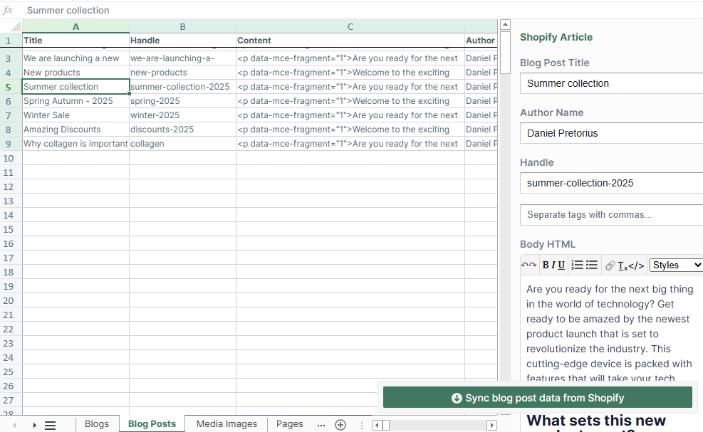 Shopify blog spreadsheet rich text editor