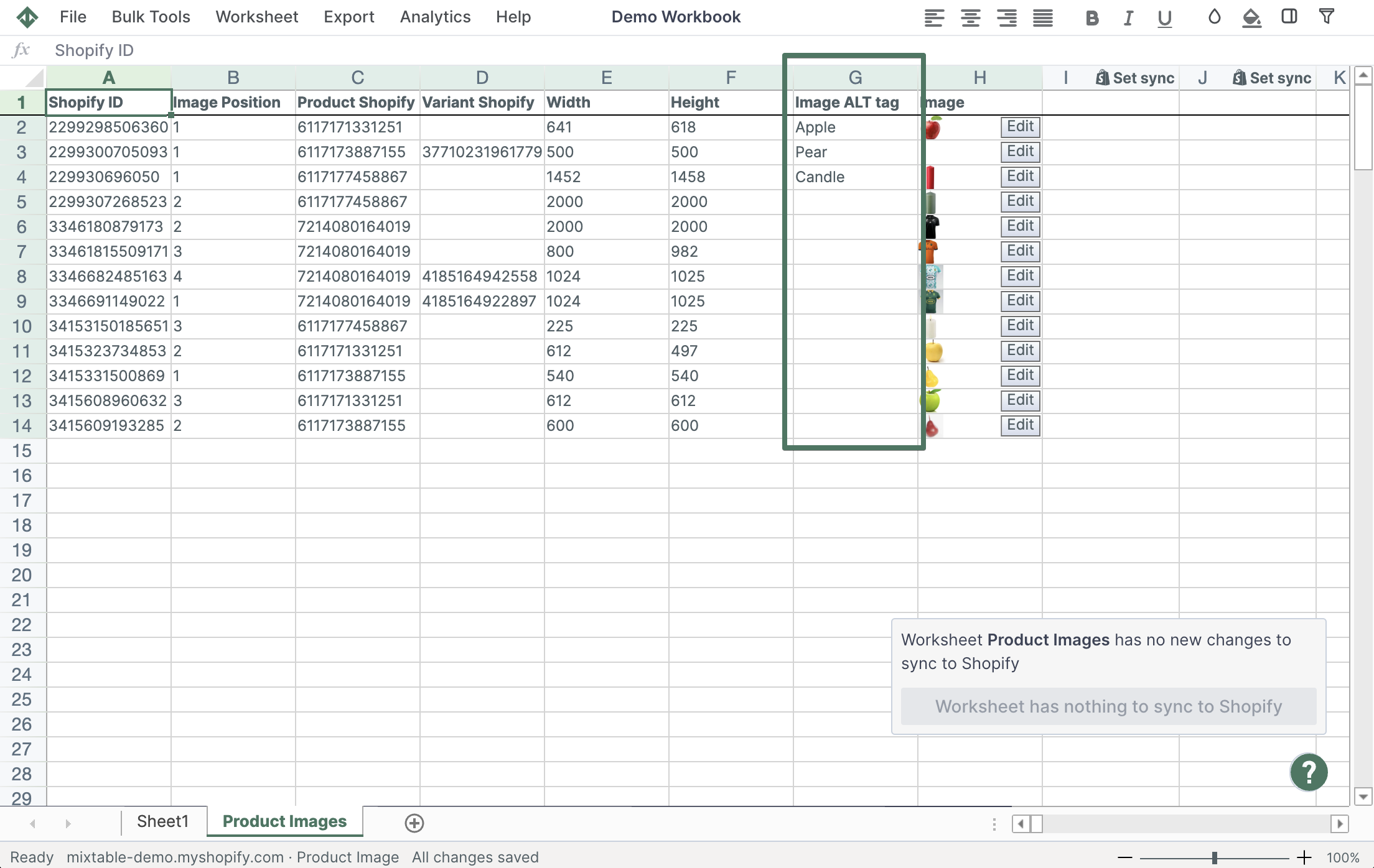 Image alt tags in Shopify with Mixtable spreadsheet