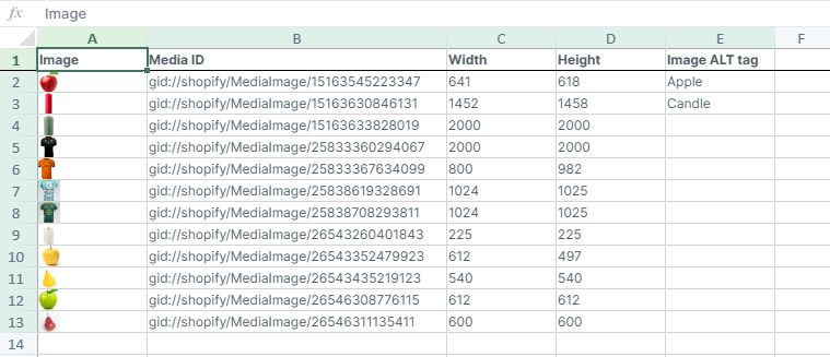 Shopify Media images spreadsheet