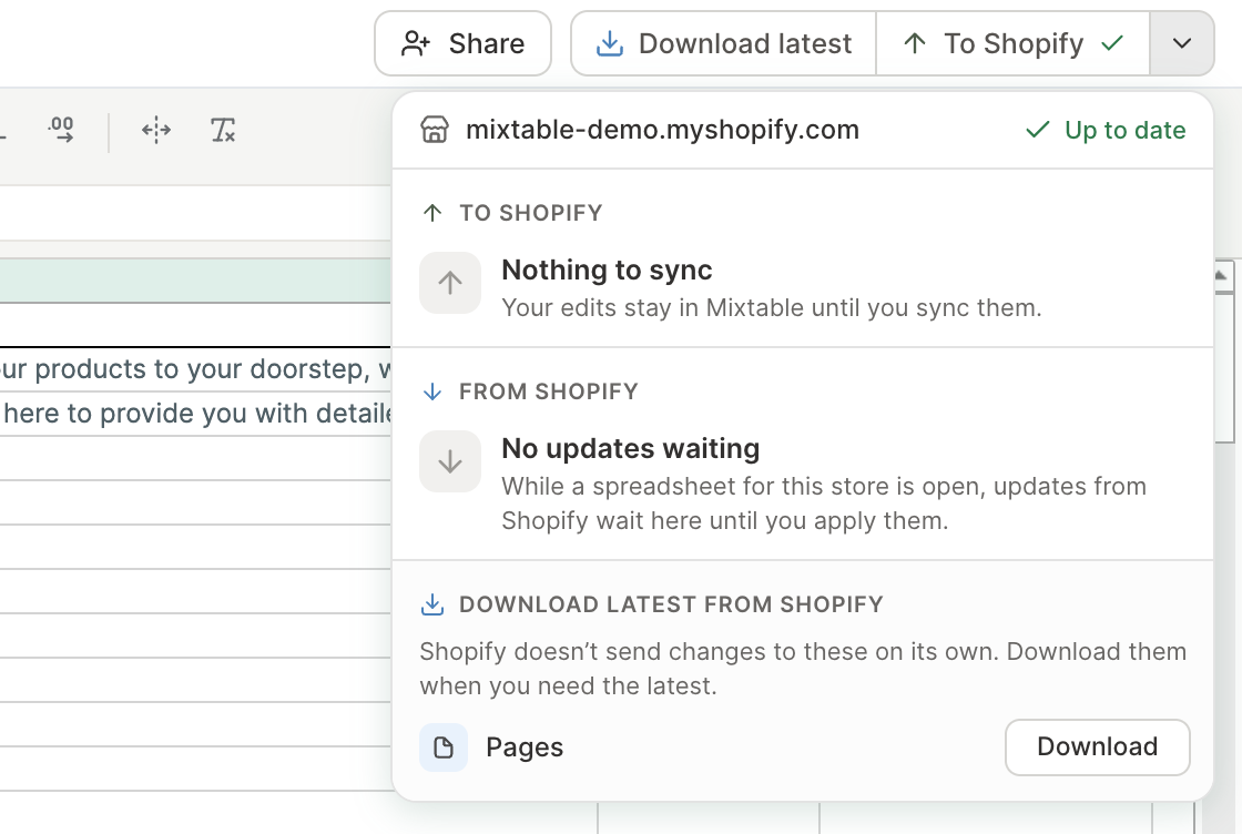 Mixtable sync card with the store name, To Shopify and From Shopify sections, and a Download button for Shopify pages