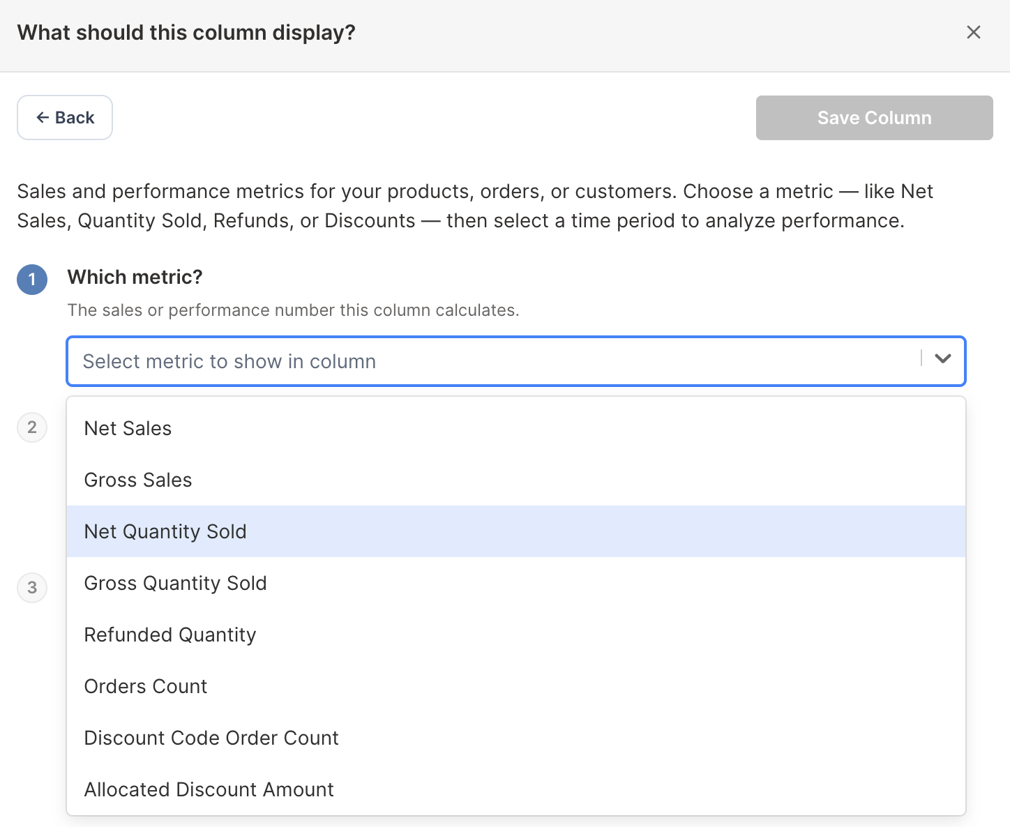 The Shopify analytics metric list open in Mixtable column settings